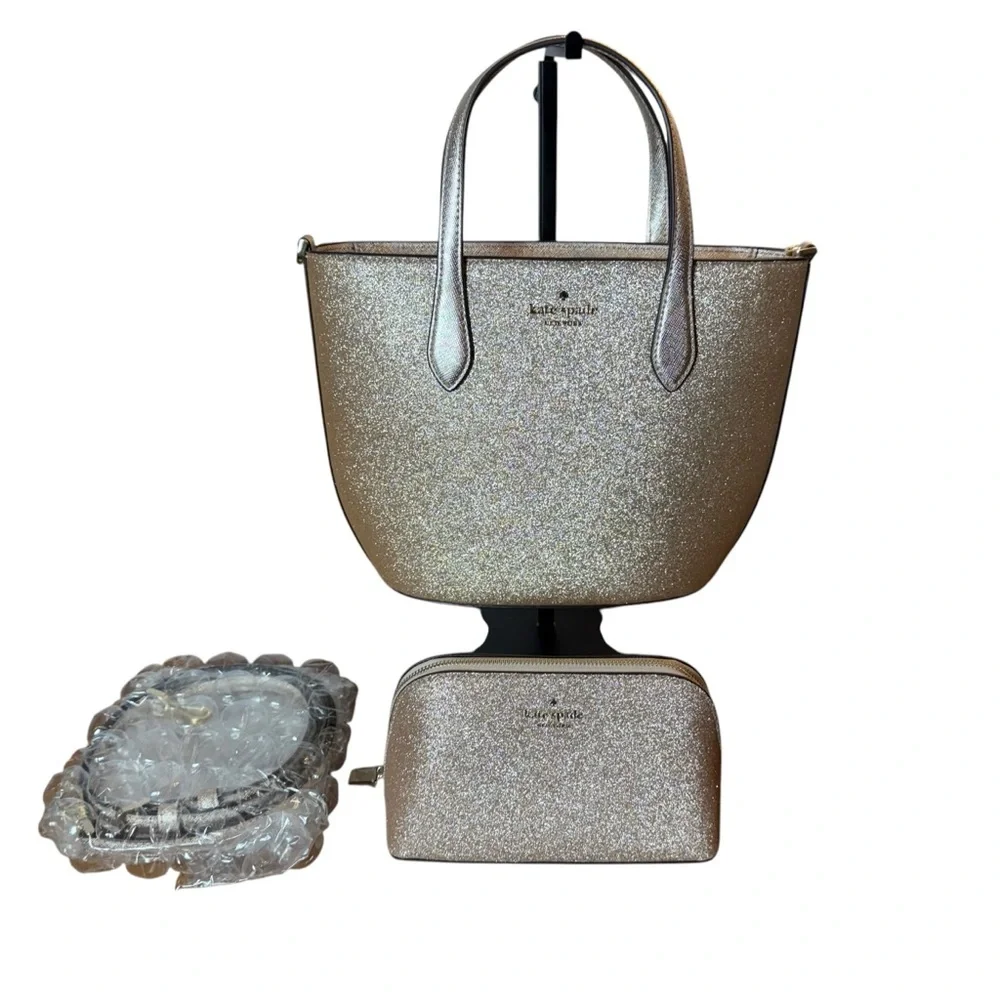 NWT KATE SPADE NEW YORK GLITTER LEATHER SATCHEL BAG WITH POUCH & STRAP - GOLD